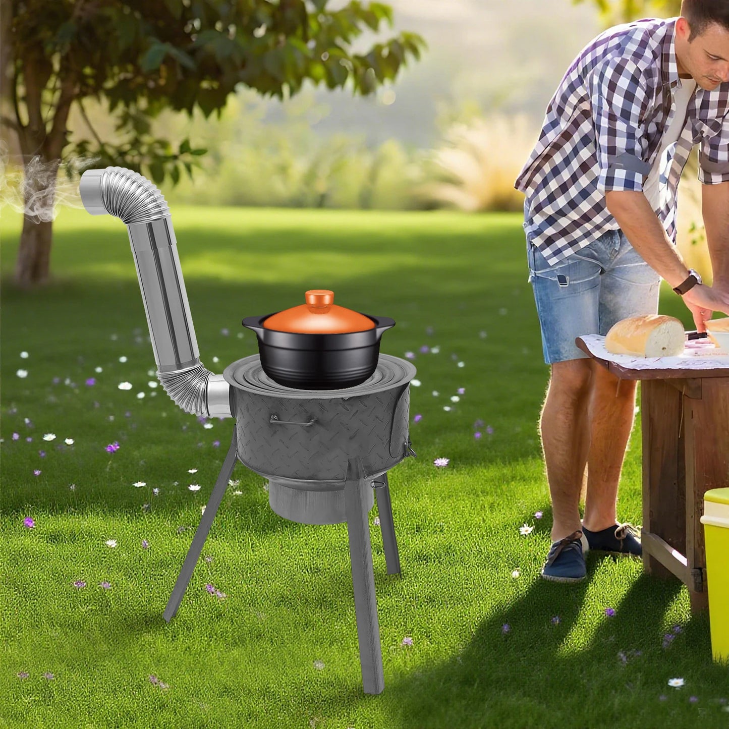 Portable Wood Burning Stove With Three Wok Rings For Outdoor Cooking