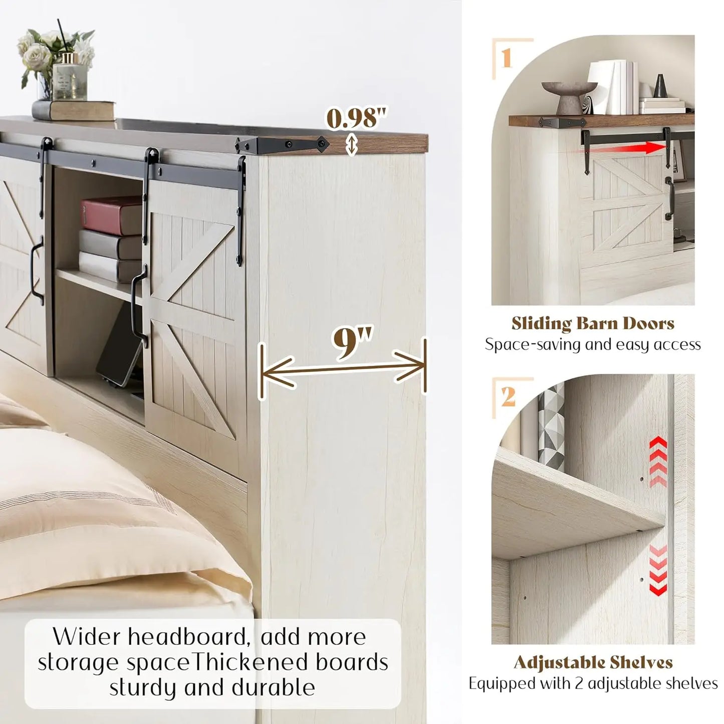 Rustic Wood Storage Bed Frame With Full Bookcase Headboard And Charging Station