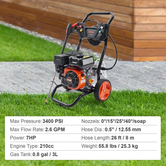 Gas Powered Pressure Washer 3400 PSI 2.6 GPM Copper Pump