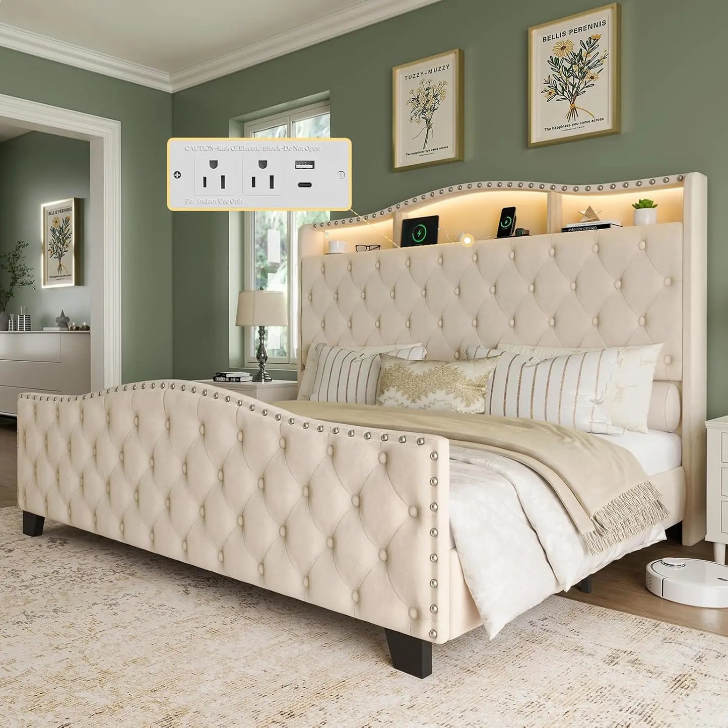 Velvet Wingback Bed Frame Tufted Footboard Squeak Resistant