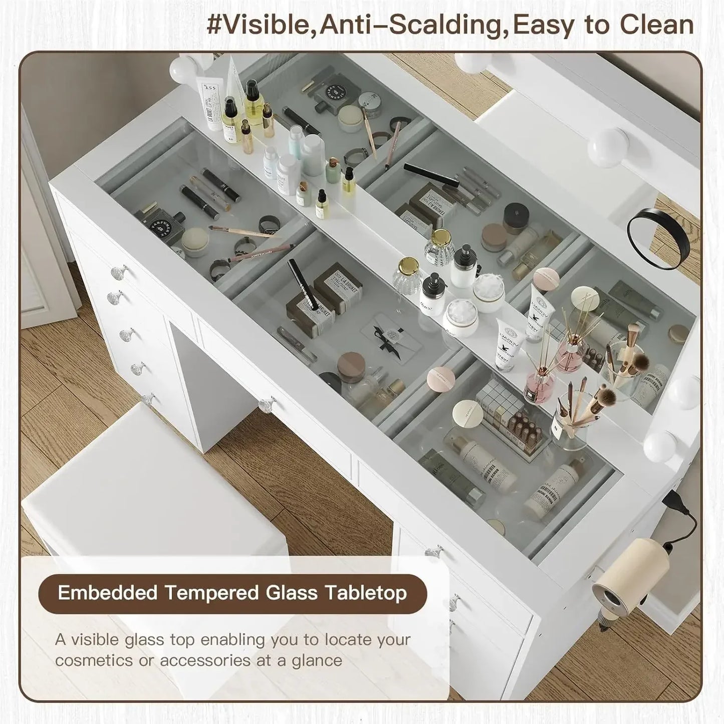 General Use Vanity Desk With Mirror And 12 LED Lights