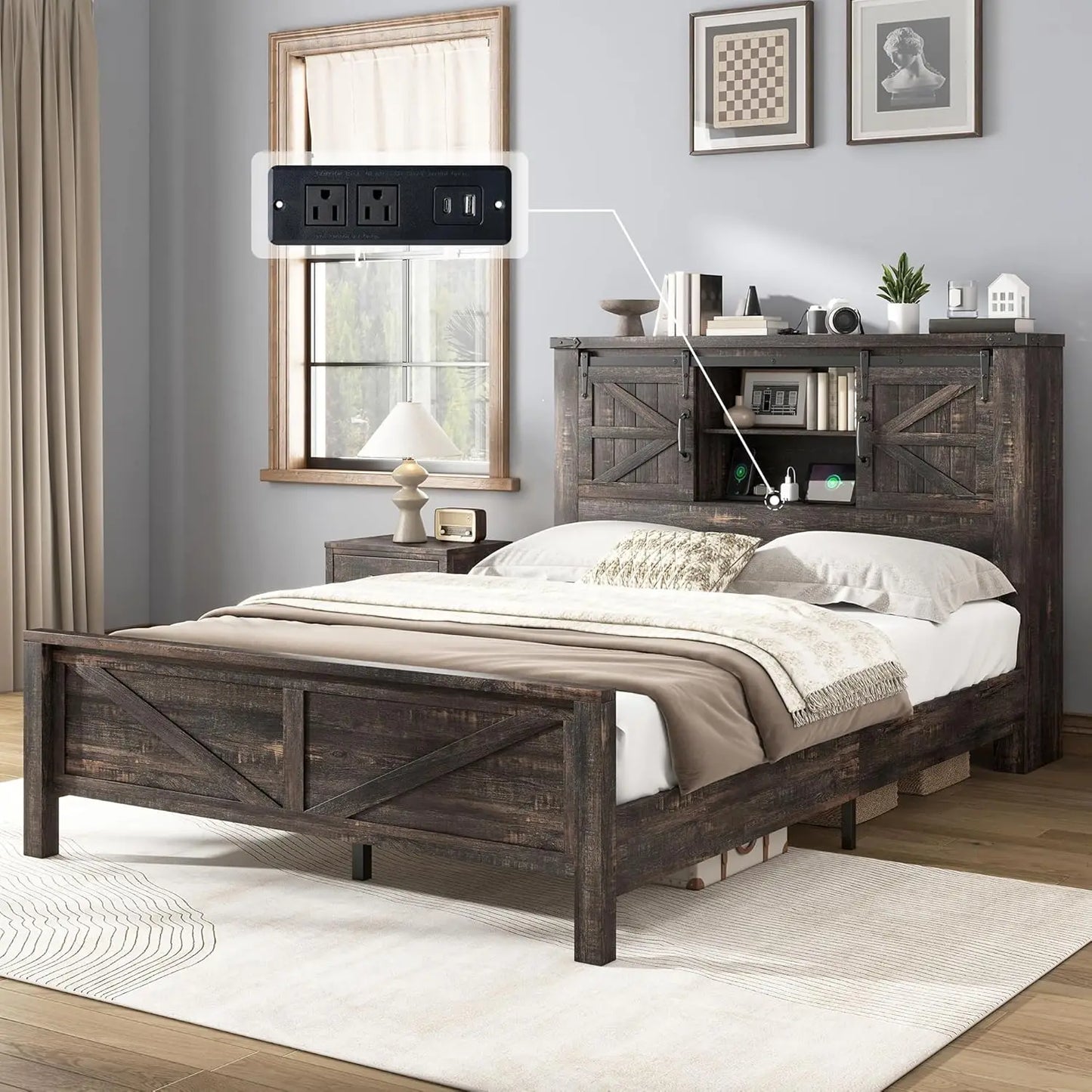 Full Storage Bed Frame With Charging Station And Bookcase