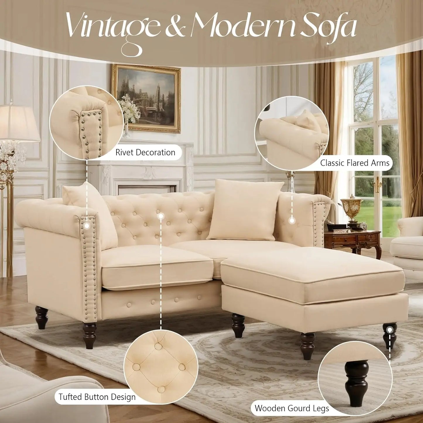 XMSJ Chesterfield Tufted Linen Sofa With Gourd Legs