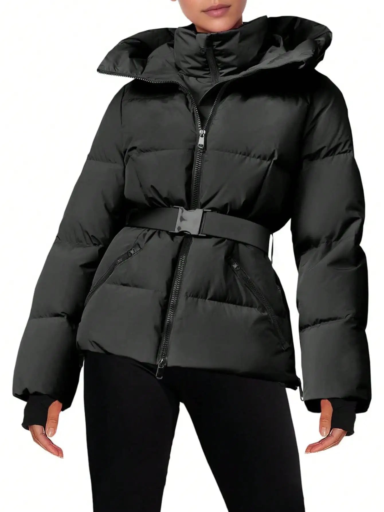 Fisoew Women's Belted Puffer Jacket Waterproof Hooded Coat