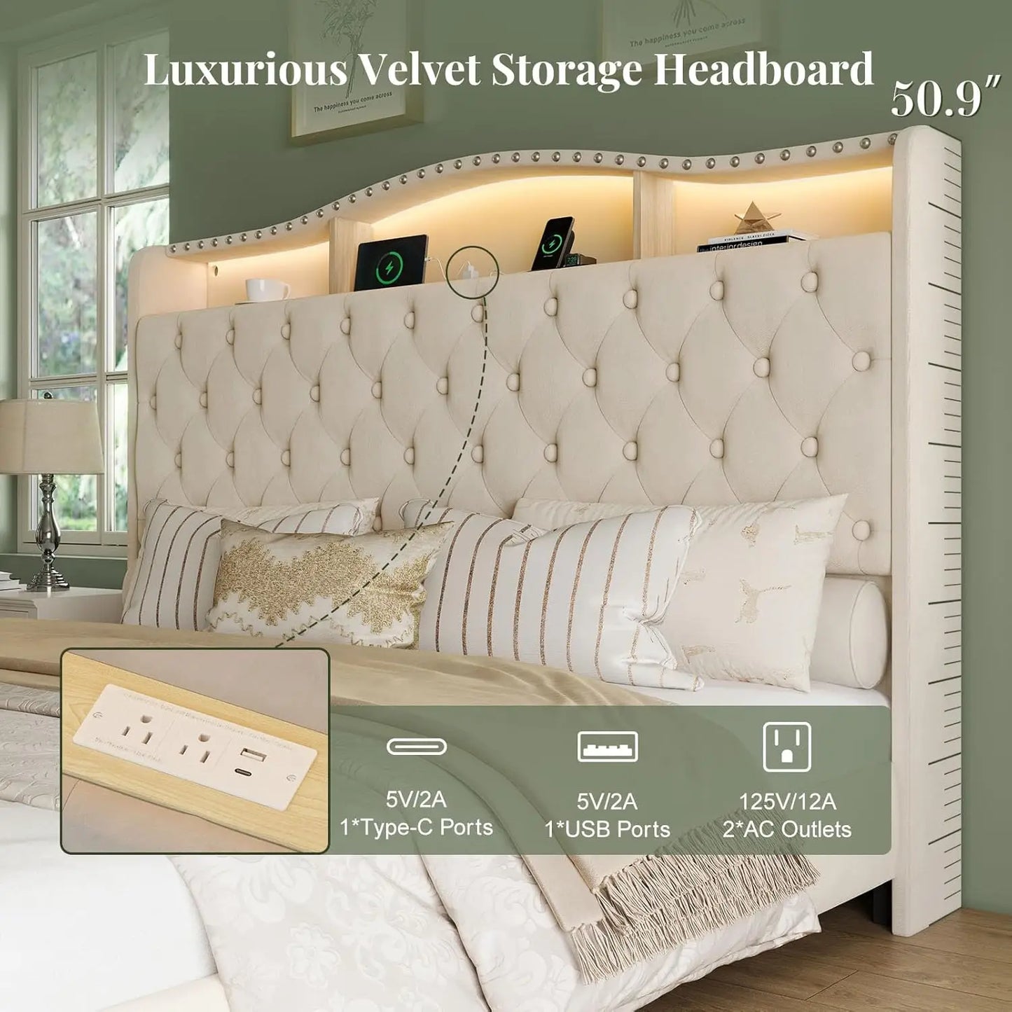 Velvet Wingback Bed Frame Tufted Footboard Squeak Resistant