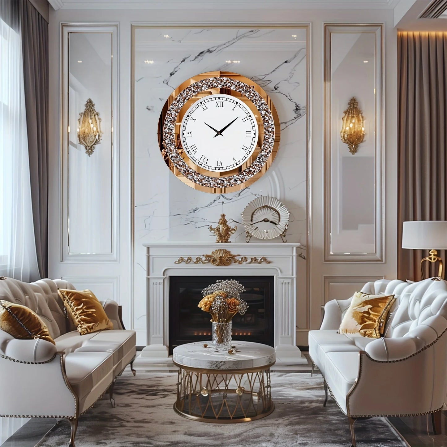 Wisfor Decorative Round Mirror Wall Clock With Crystal Sparkle Bling