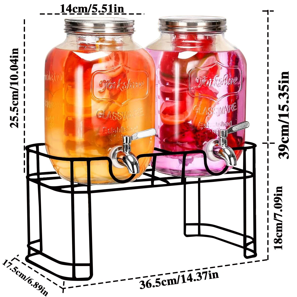 Two 1 Gallon Glass Drink Dispensers With Stand 304 Faucet