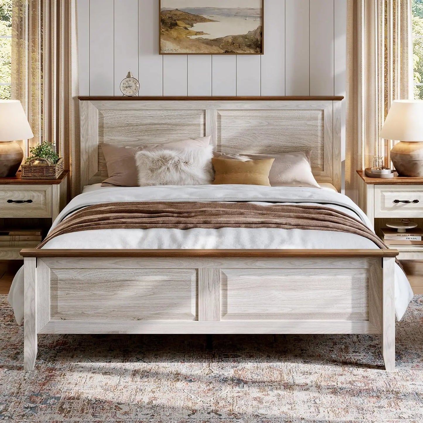 Hignconcerned Farmhouse Wooden Bed Frame With Solid Slats