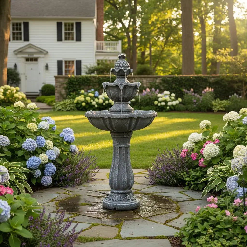 Solar Powered 2 Tier Outdoor Resin Fountain With Solar Pump