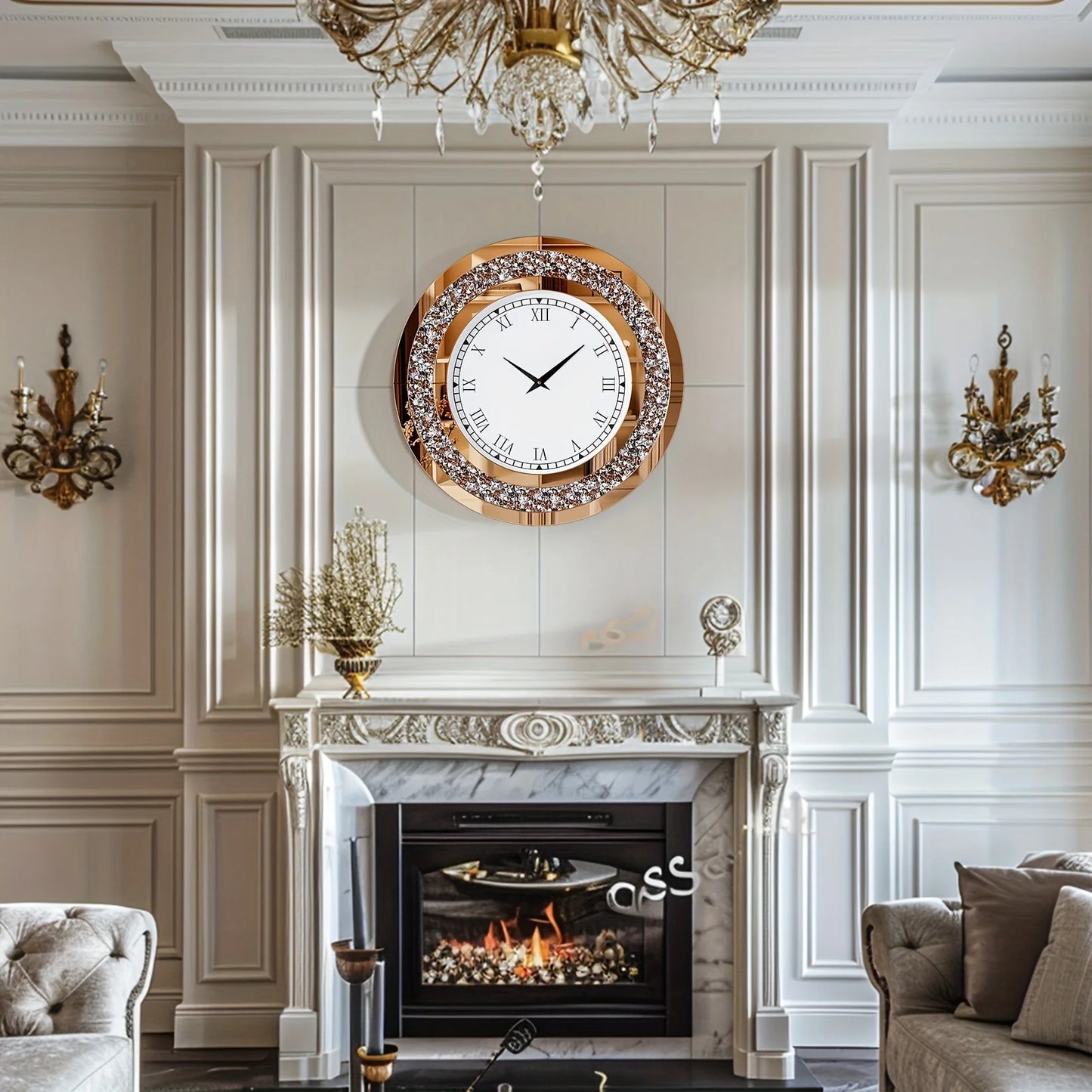 Wisfor Decorative Round Mirror Wall Clock With Crystal Sparkle Bling