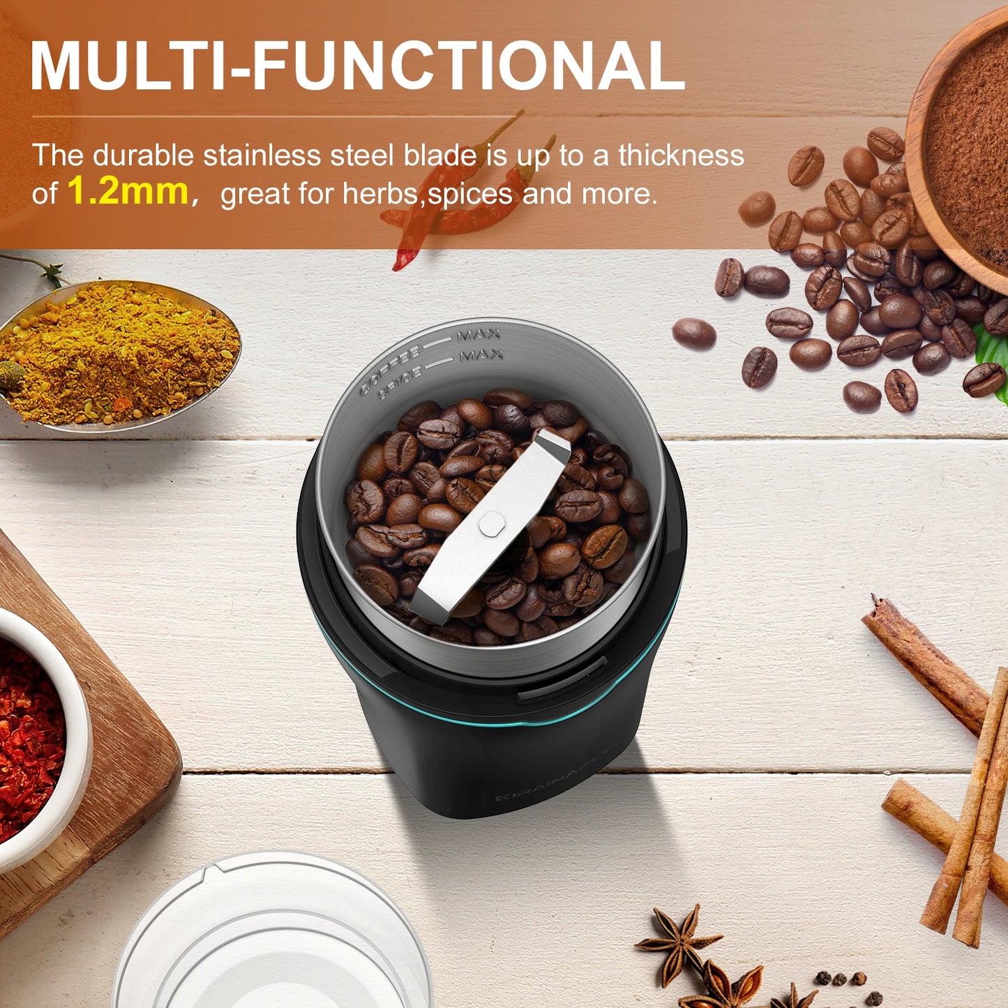 KIRAINAFLY Electric Coffee Grinder 300W With Removable Stainless Steel Cup