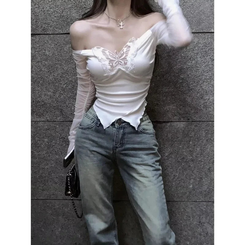 Dawndesslo Korean Style Off Shoulder Butterfly Mesh Top