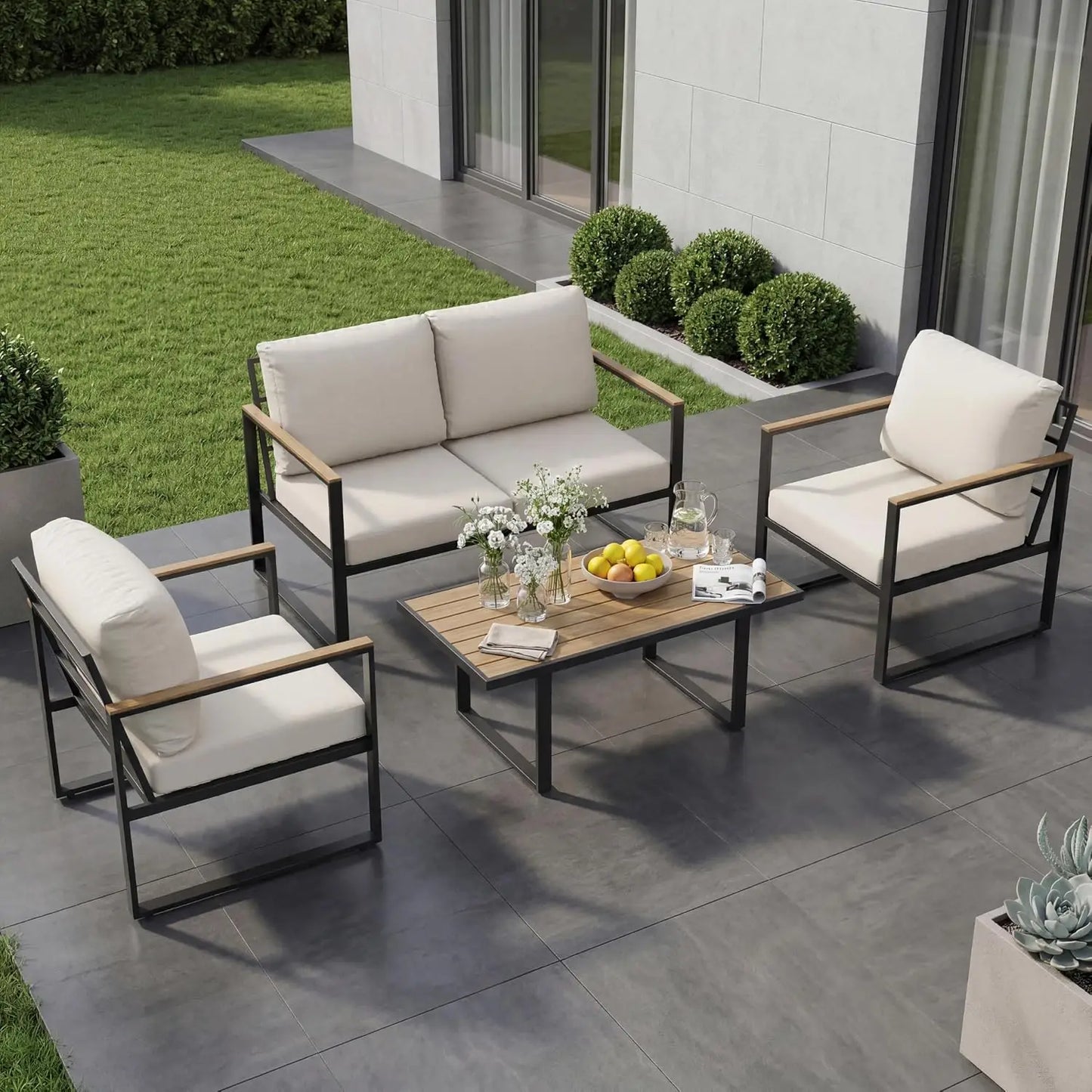 Aluminum 4-Piece Patio Conversation Set With Coffee Table Sponge Cushions
