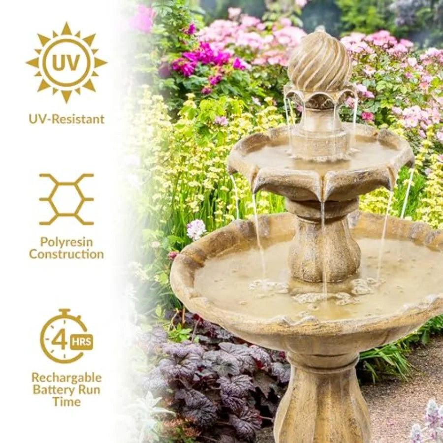 Solar 2 Tier Outdoor Water Fountain Battery Backup Pump