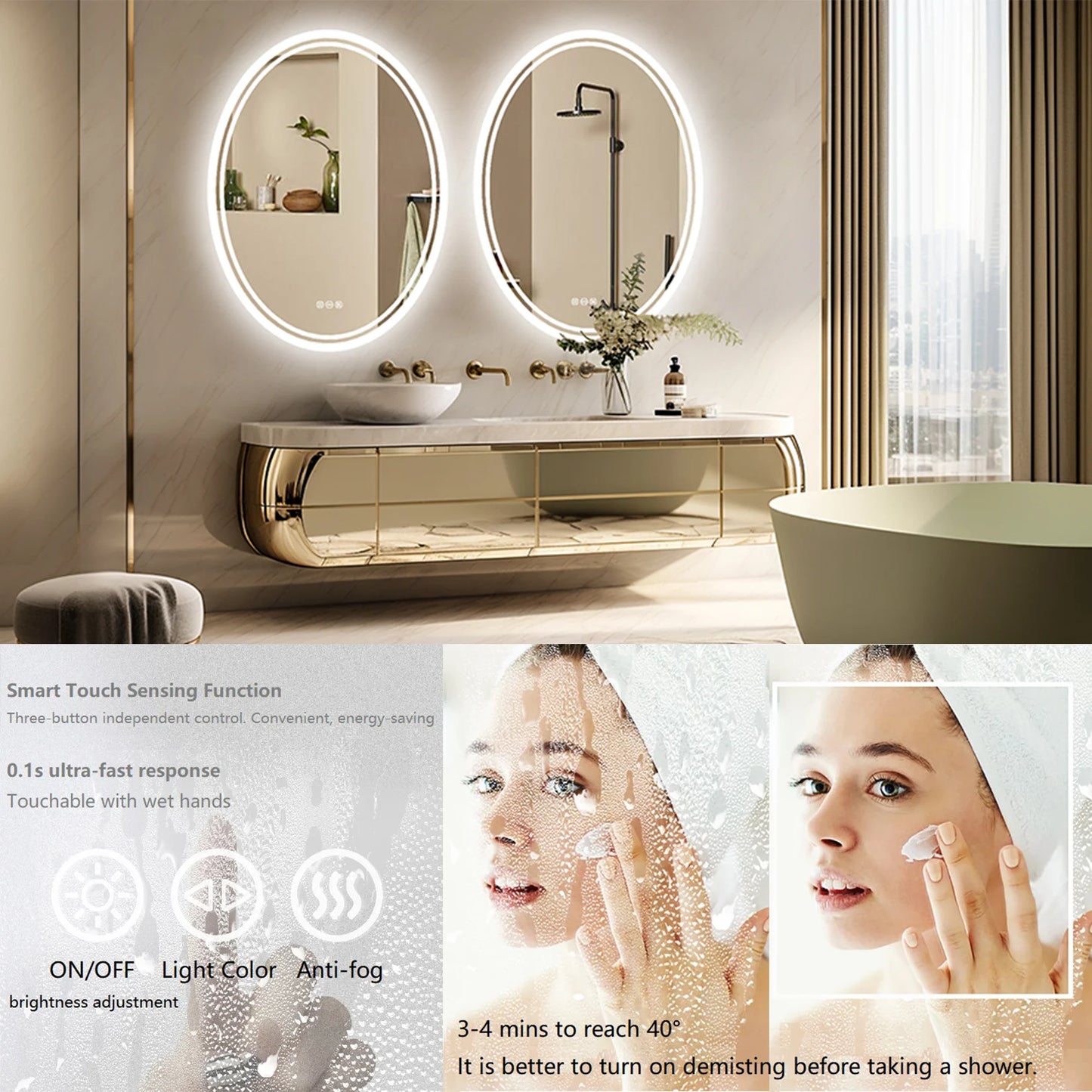 Wisfor LED Backlit Round Vanity Mirror Anti Fog Dimmable