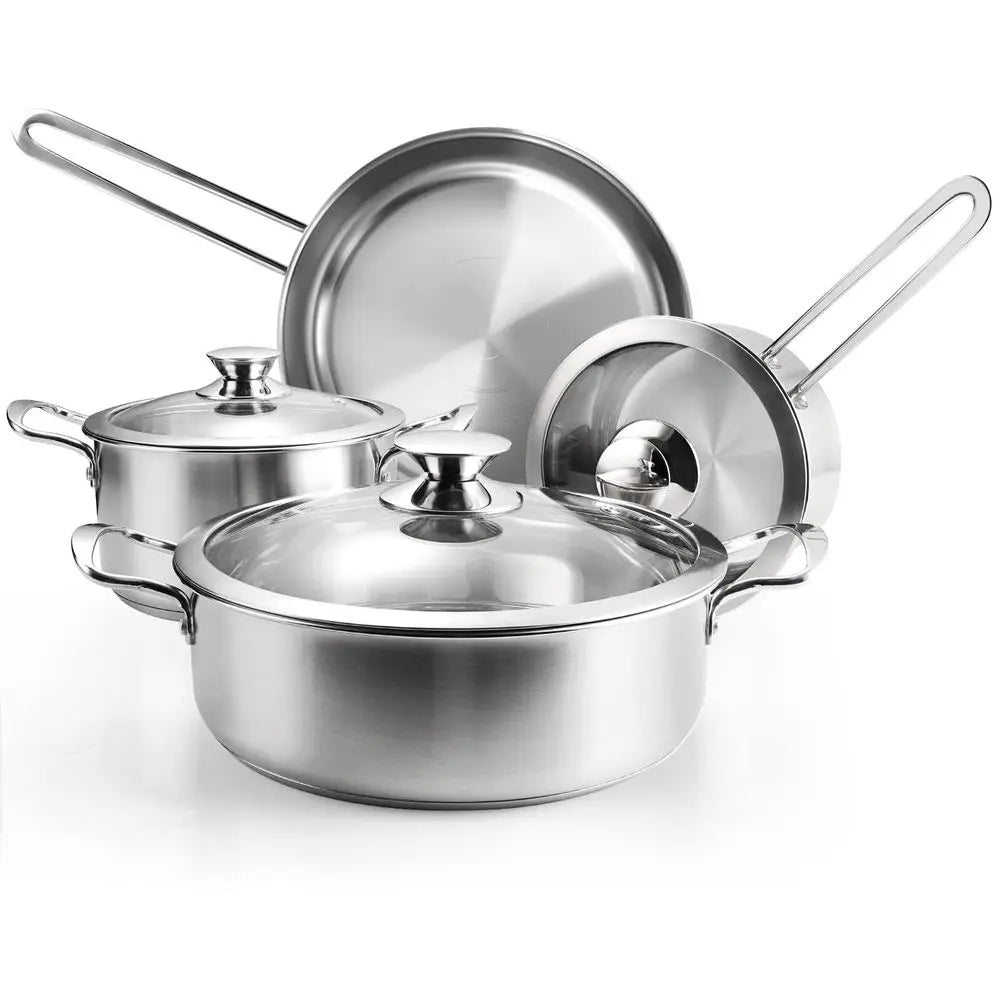 Stainless Steel 7 Piece Pots And Pans Set With Glass Lids Induction Compatible