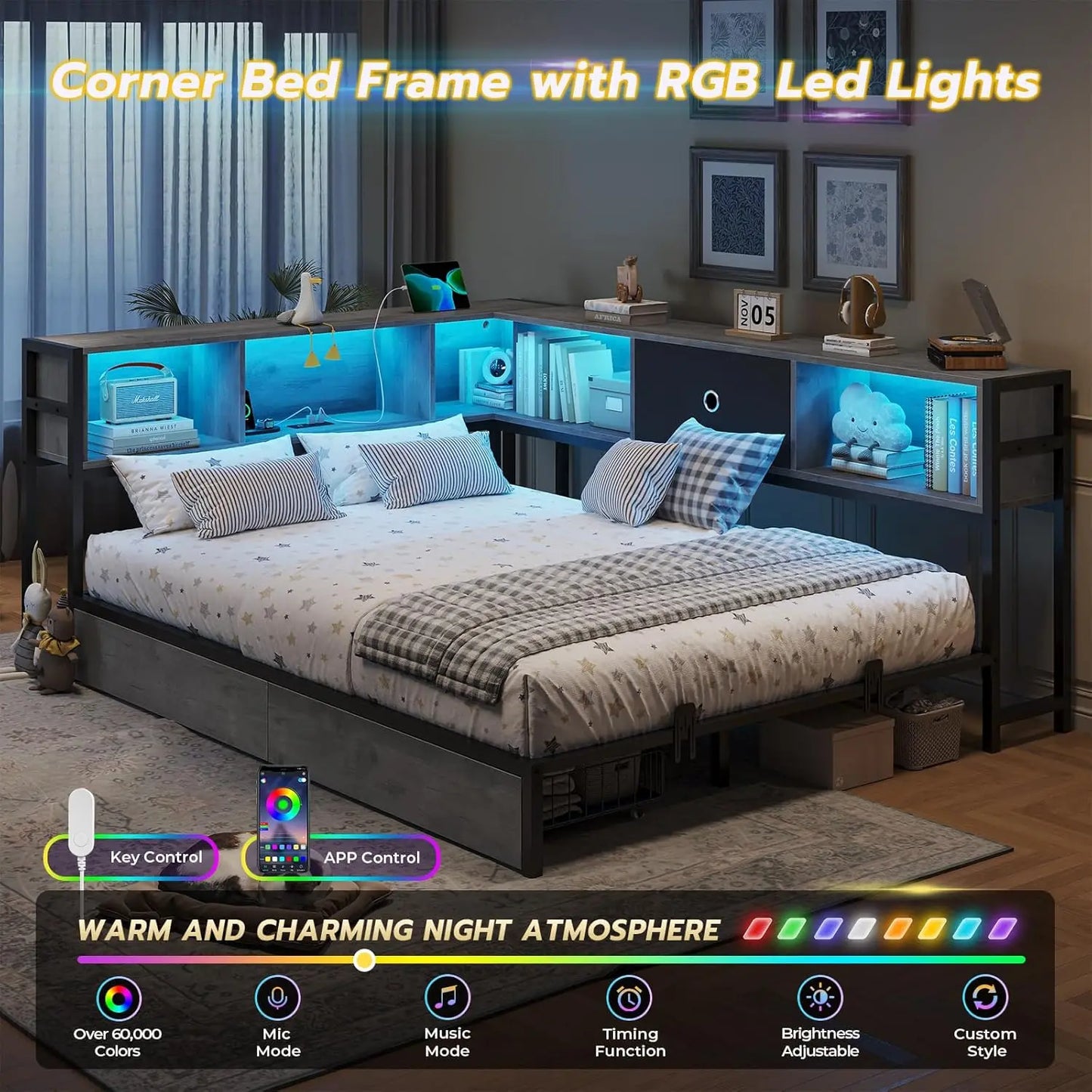 Corner Bed Frame With LED Bookcase Storage And Charging Station