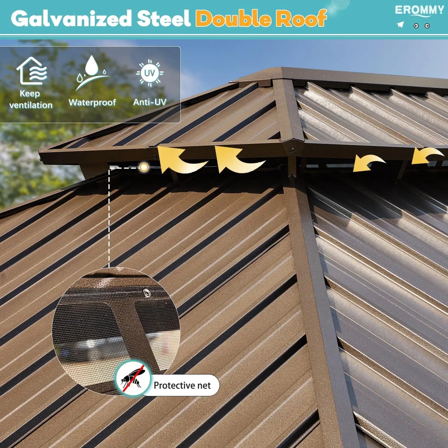 XMSJ Hardtop Gazebo Aluminum Frame With Galvanized Steel Double Roof