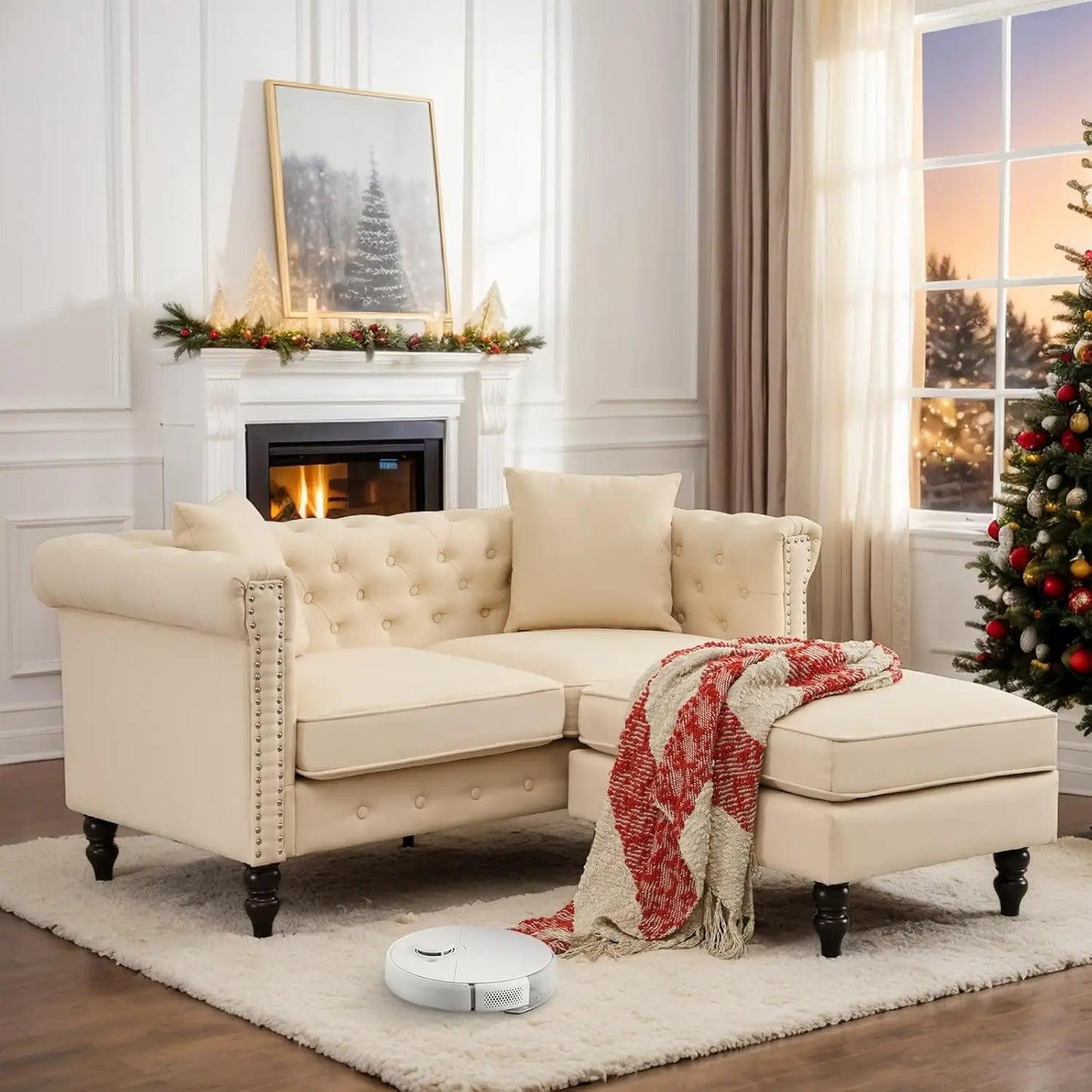 XMSJ Chesterfield Tufted Linen Sofa With Gourd Legs