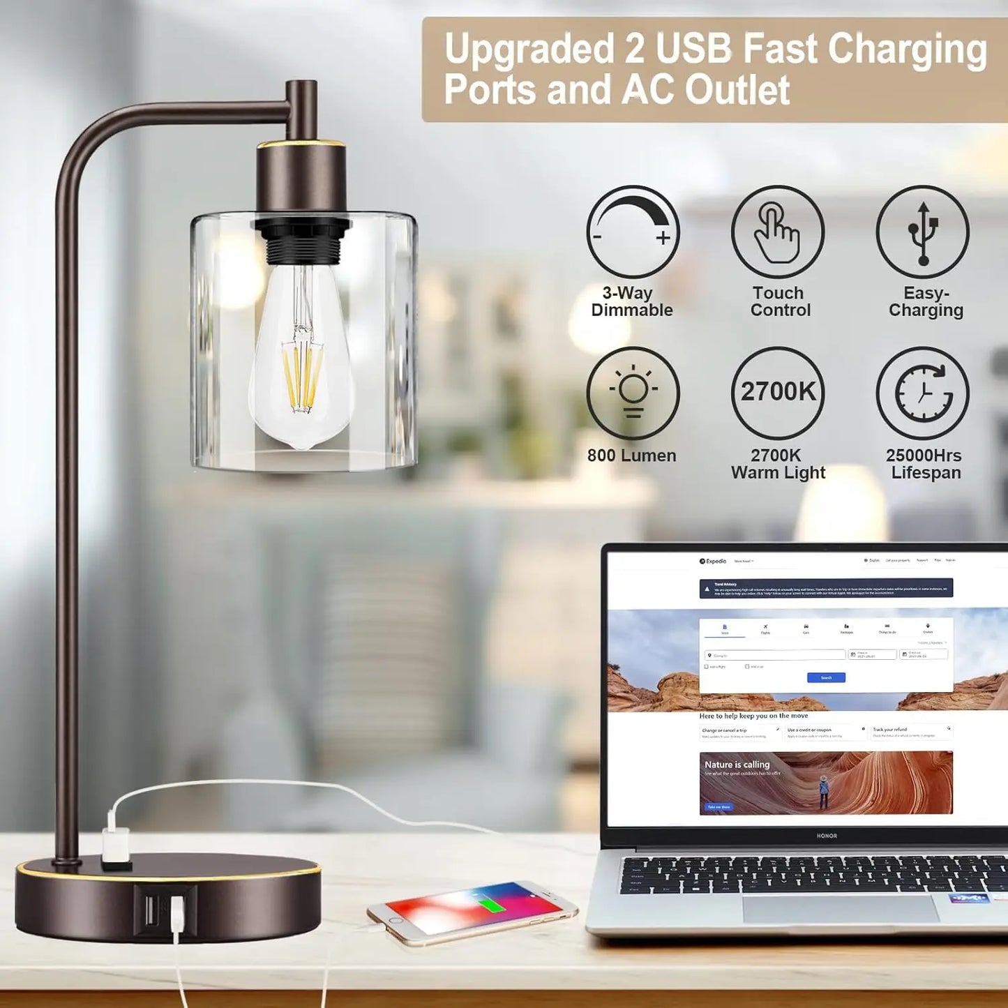 Industrial Touch Table Lamps Set Of 2 USB Ports AC Outlet