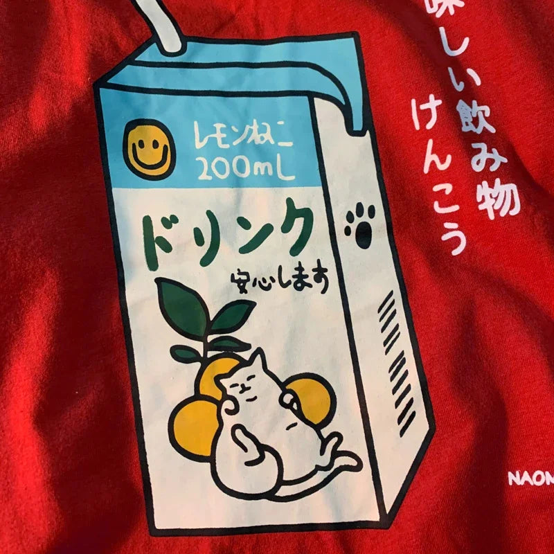 Hampson Lanqecn Cute Japanese Cat Print Tee Shirt Casual