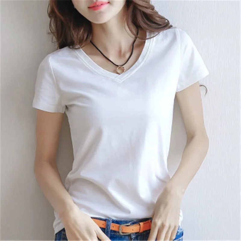 Albeey Cotton V Neck Short Sleeve T Shirt Women Tops