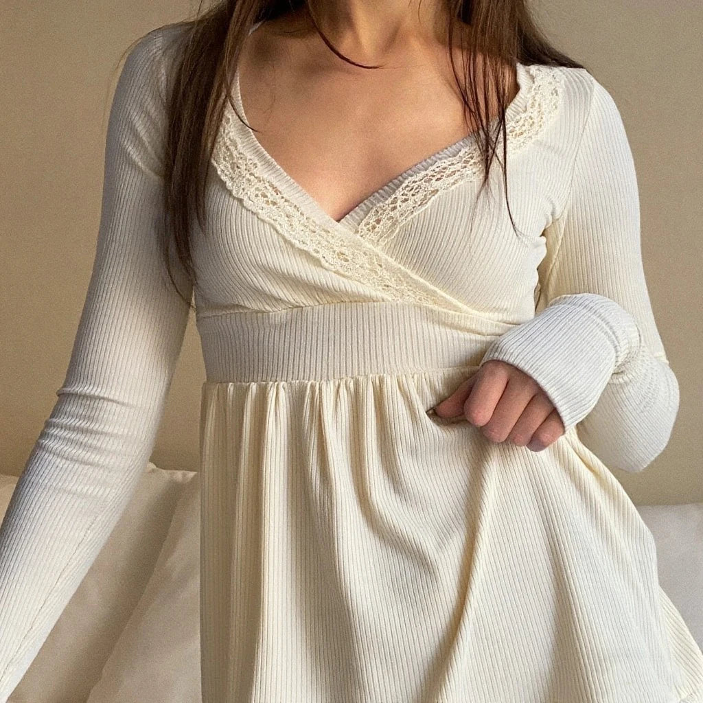 Hirigin Lace Trimmed Long Sleeve Wrap Blouse For Women