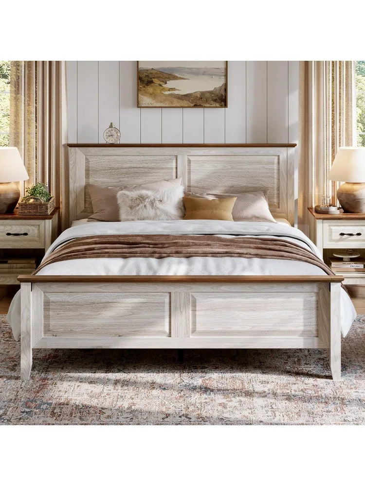 Hign-Concerned Farmhouse Bed Frame With Solid Wood Headboard