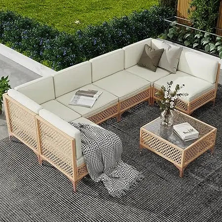 Outdoor Wicker Patio Furniture Set with Boho Sectional Sofa and Glass Coffee Table