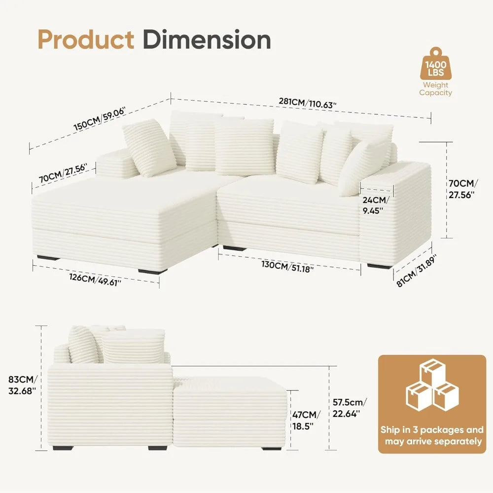 MKDK Sectional Cloud Couch L Shaped Sleeper Corduroy