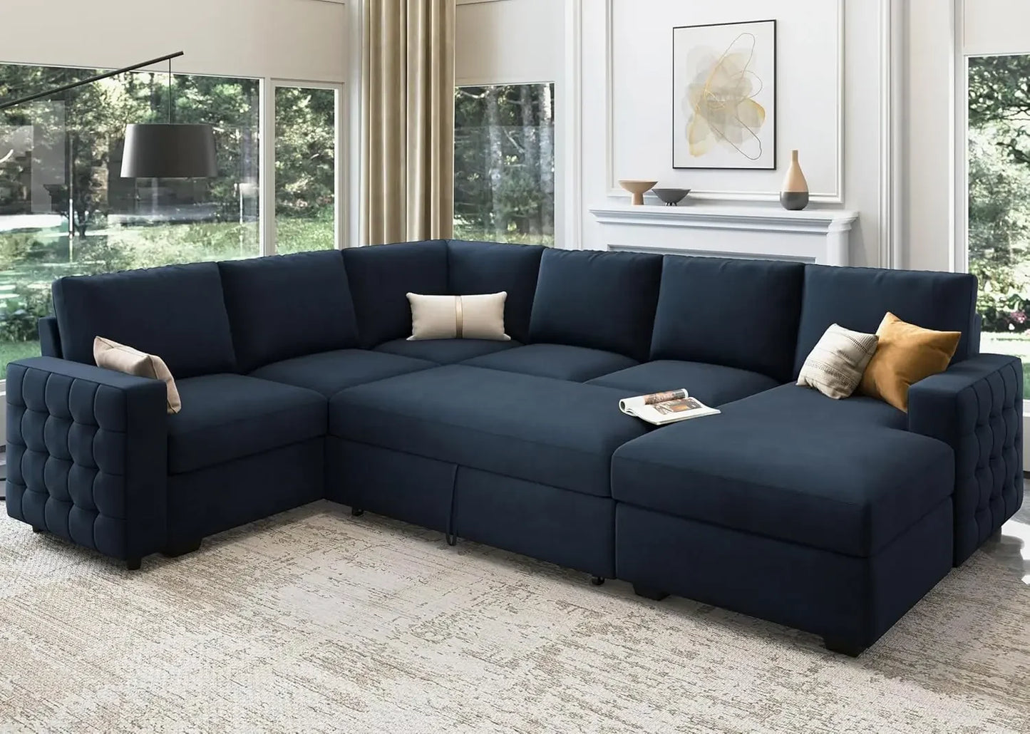 Combination U Shape Sectional Sleeper Sofa With Pull Out Bed
