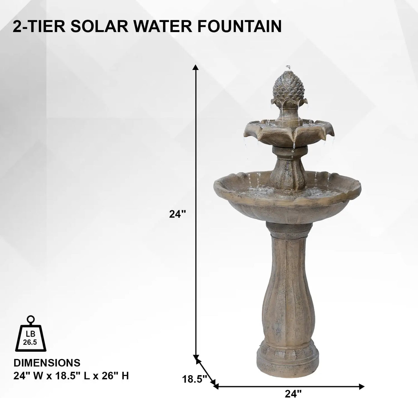 Solar Powered Two-Tier Outdoor Fountain Fiberglass Resin Bird Bath