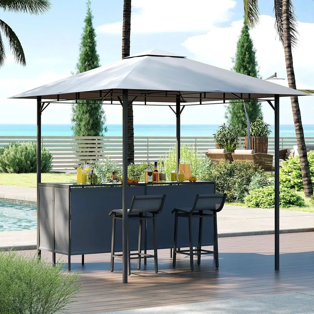MKDK 3 Piece Patio Bar Set Double-Tier Gazebo And Stools