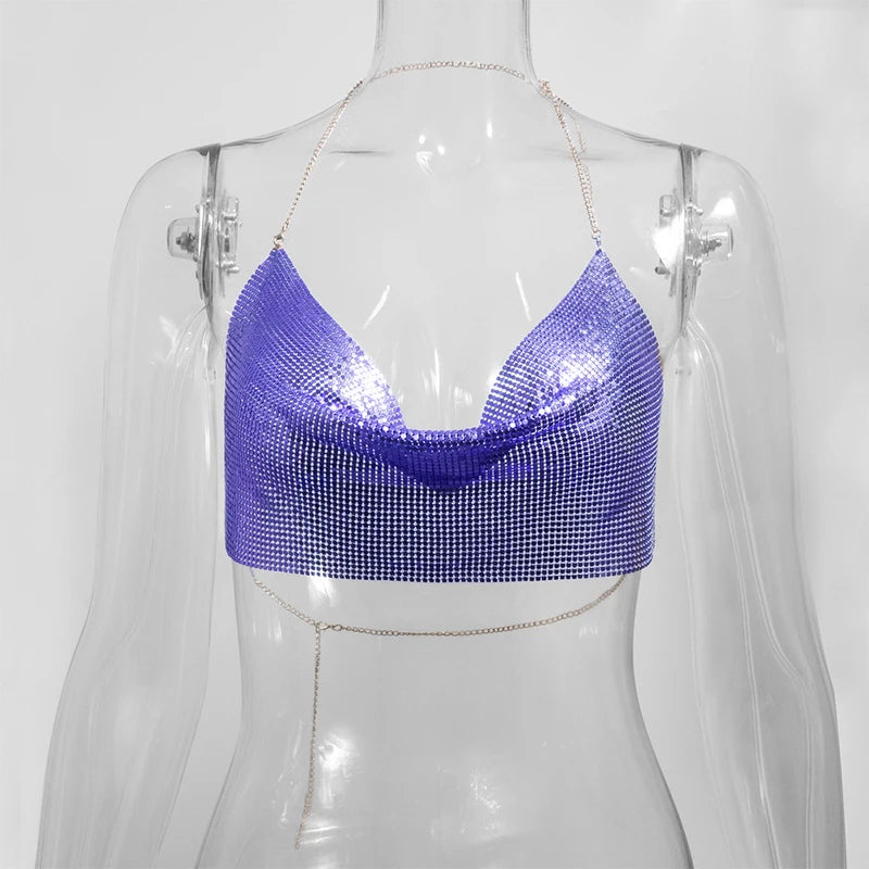 AKYZOCN Metallic Crop Top Women Halter Corset Sequined