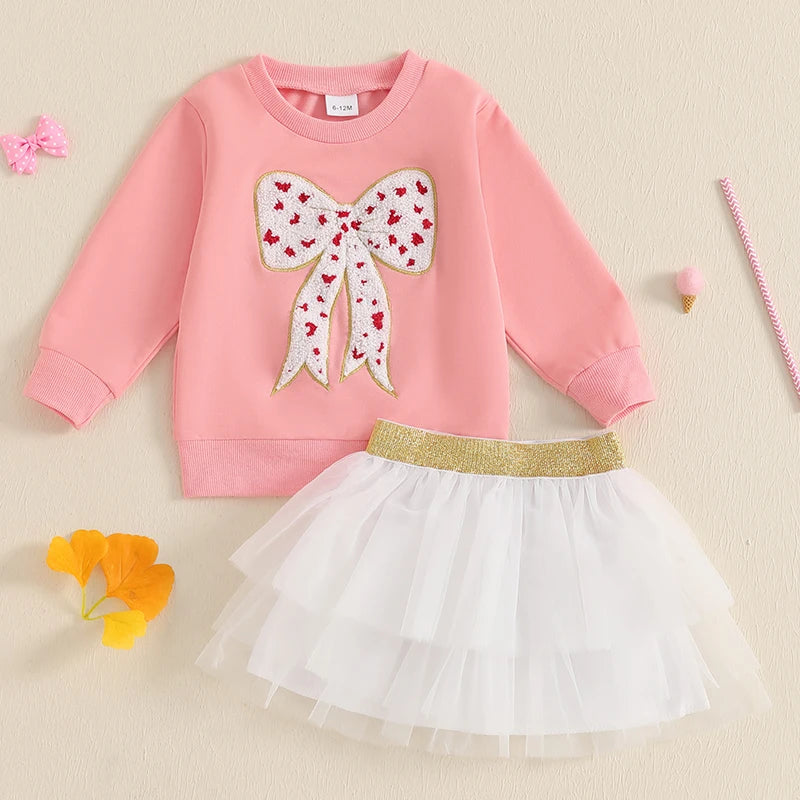 Pudcoco Baby Girl Autumn Set With Bow Sweatshirt And TulleSkirt