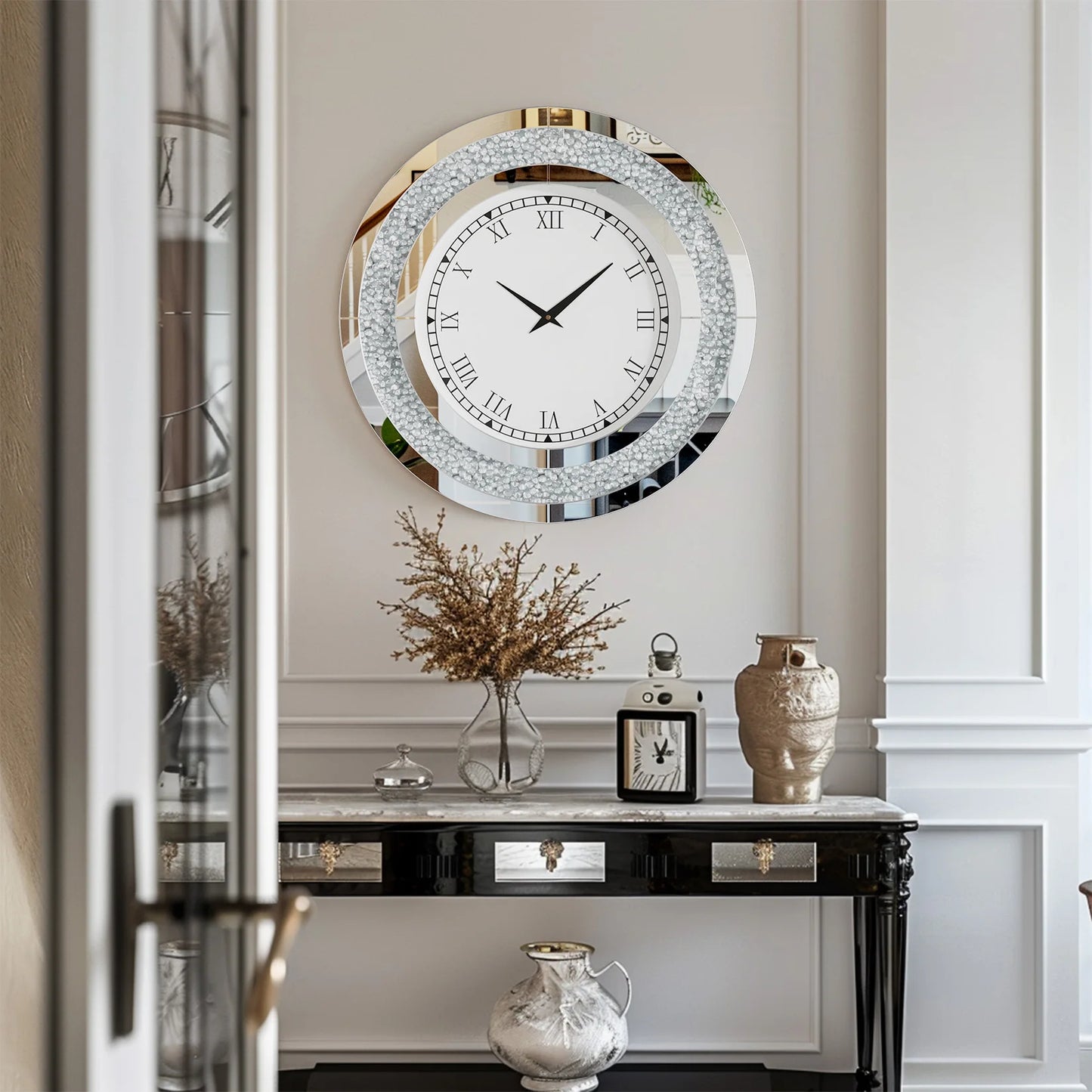 Combination Round Mirror Wall Clock Crystal Sparkle