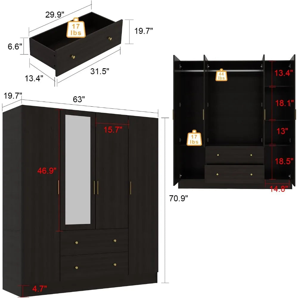 DAFIFY Wardrobe Armoire With Mirror 4 Door Cabinet
