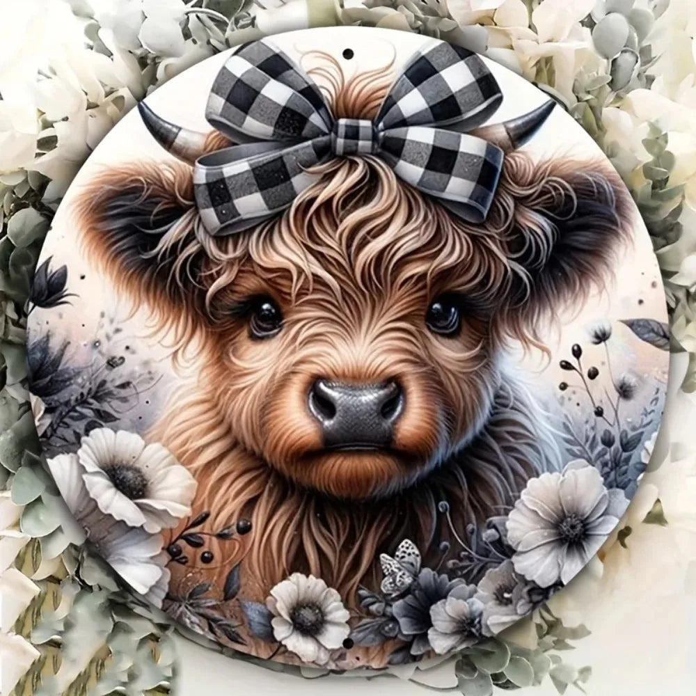 HELLOYOUNG Highland Cow Bow Wreath Aluminum Sign Christmas