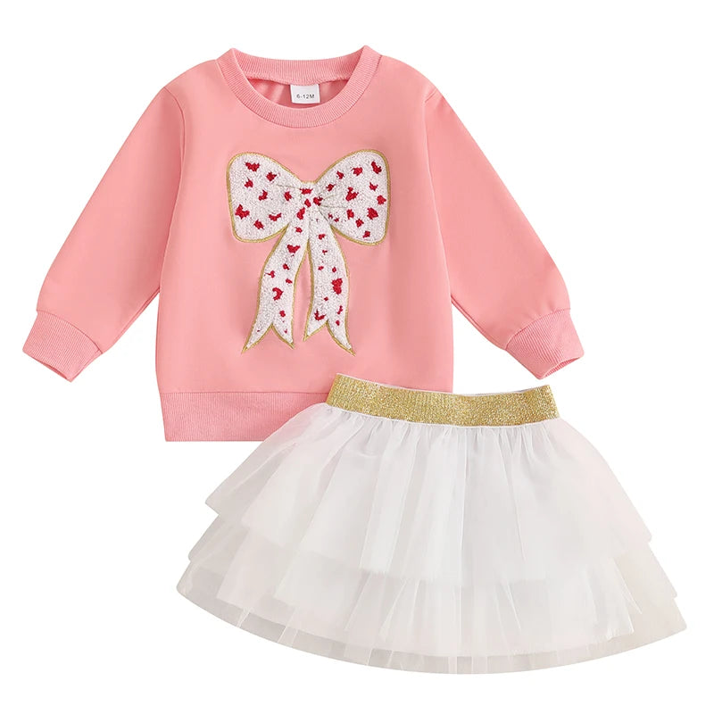 Pudcoco Baby Girl Autumn Set With Bow Sweatshirt And TulleSkirt