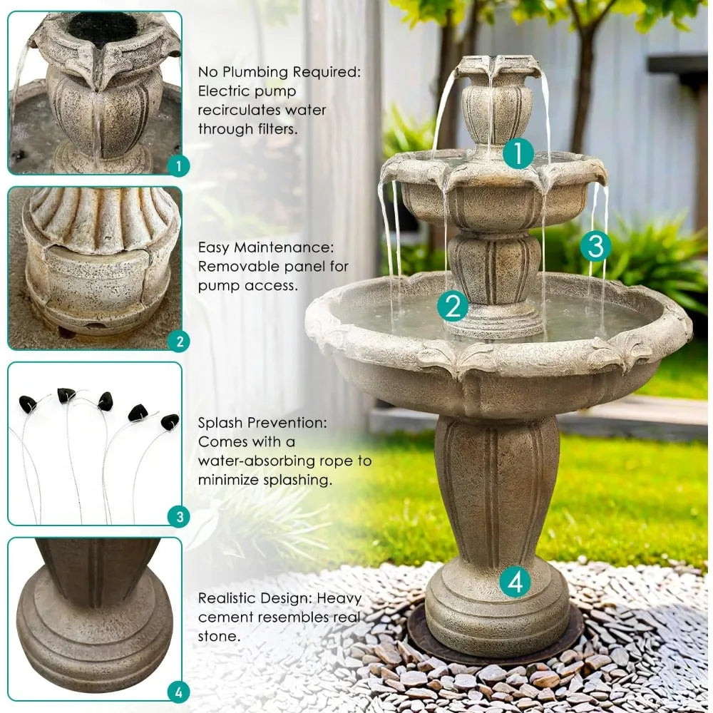 Modern Concrete Outdoor Water Fountain 3 Tier Floor Waterfall Pump