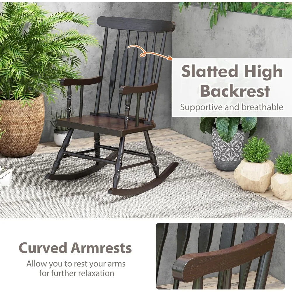 MKDK Patio Rocking Chair Solid Rubber Wood Frame Porch