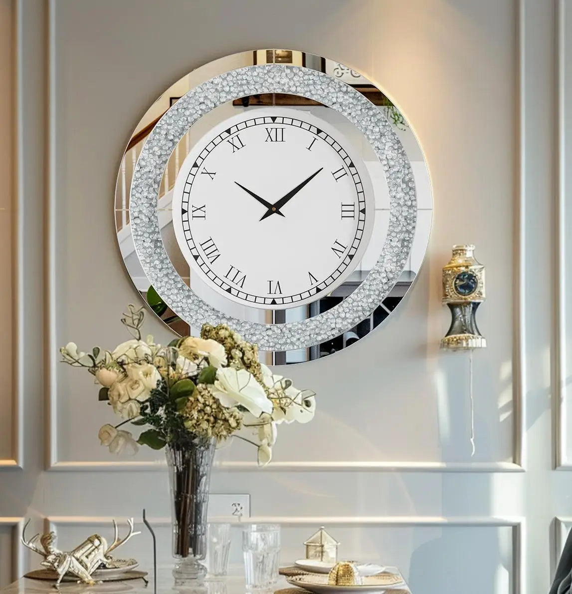 Combination Bling Silver Round Mirror Clock Glam Home Decor