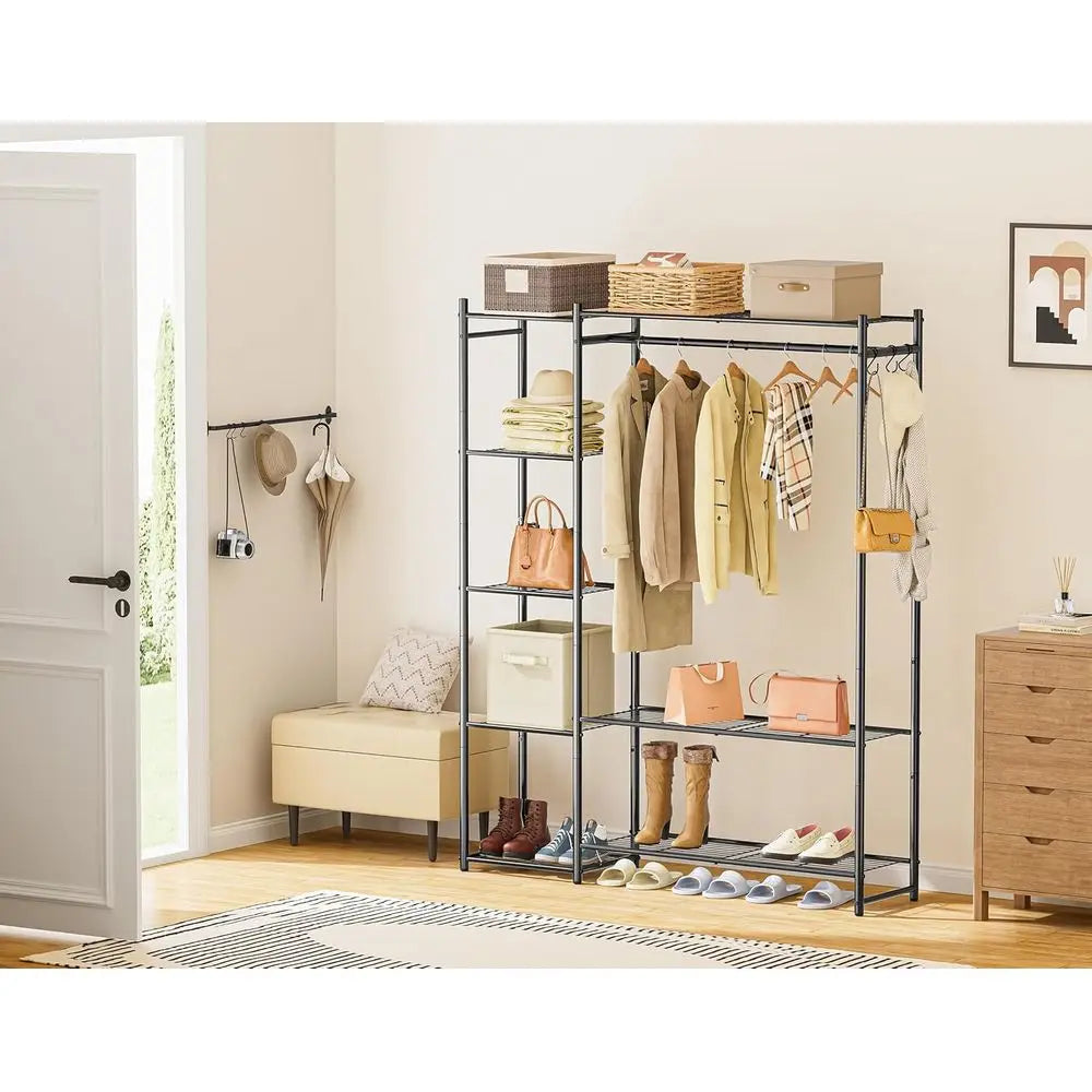 4 Tier Portable Clothes Rack With Hanging Rod For Home