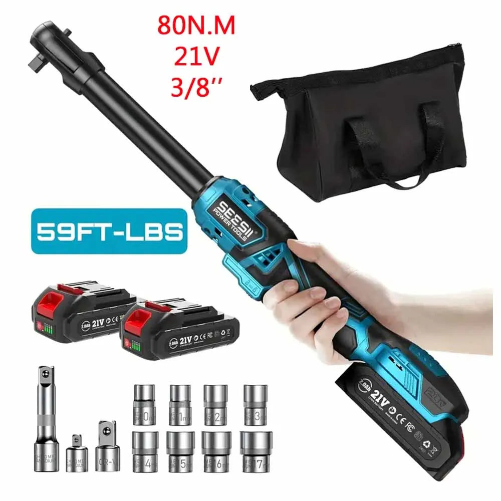 Seesii 21V Cordless Electric Wrench 80Nm Torque Rechargeable Ratchet
