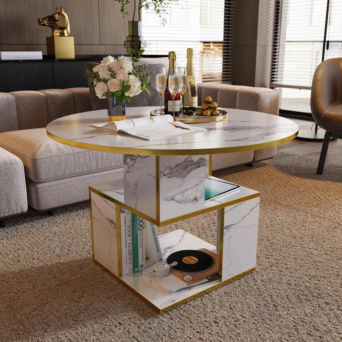 MERRONIX Three Tier Round Coffee Table With Storage