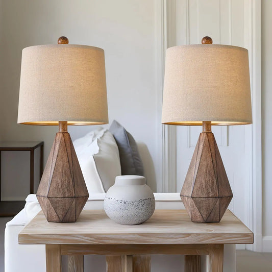 Vintage Farmhouse Table Lamp Set 2 With Rustic Linen Shade