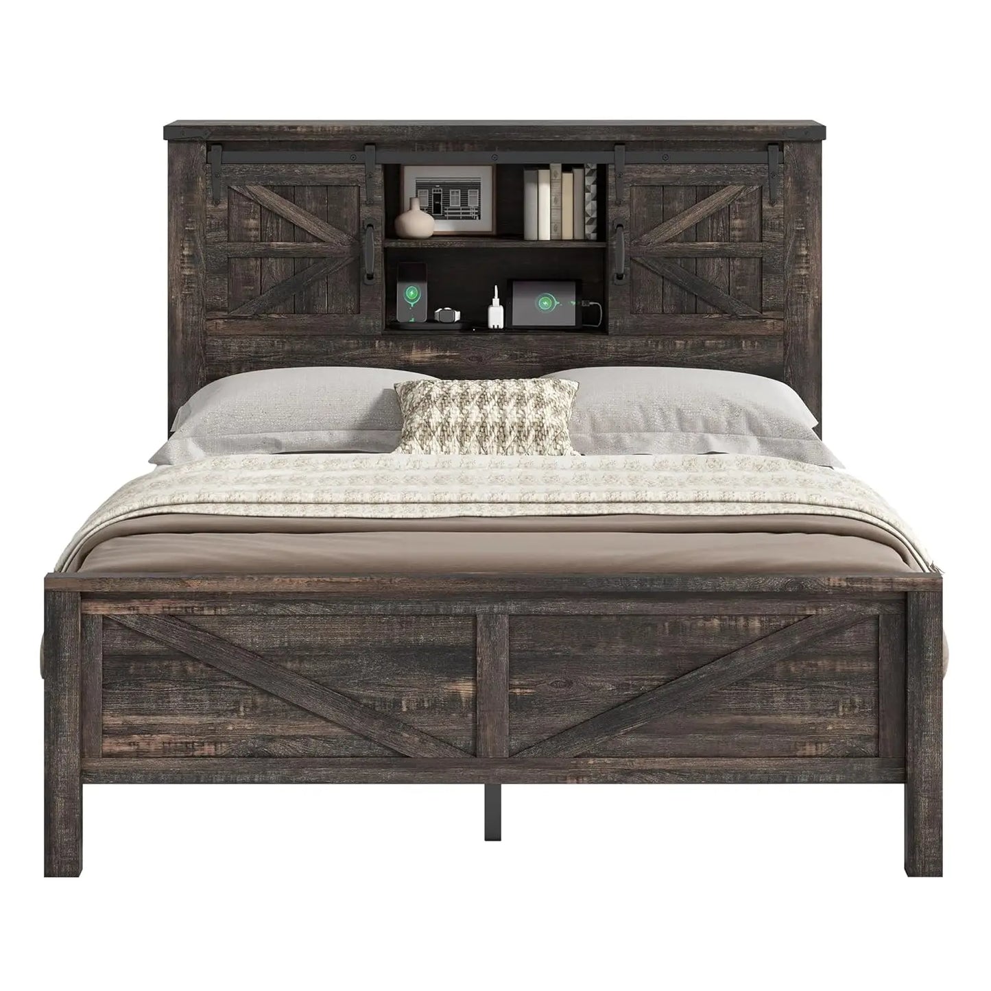 Full Storage Bed Frame With Charging Station And Bookcase