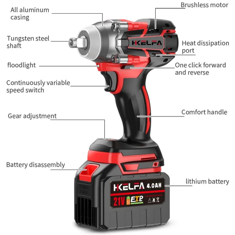 HKELF 21V Brushless Impact Wrench Cordless Power Tools