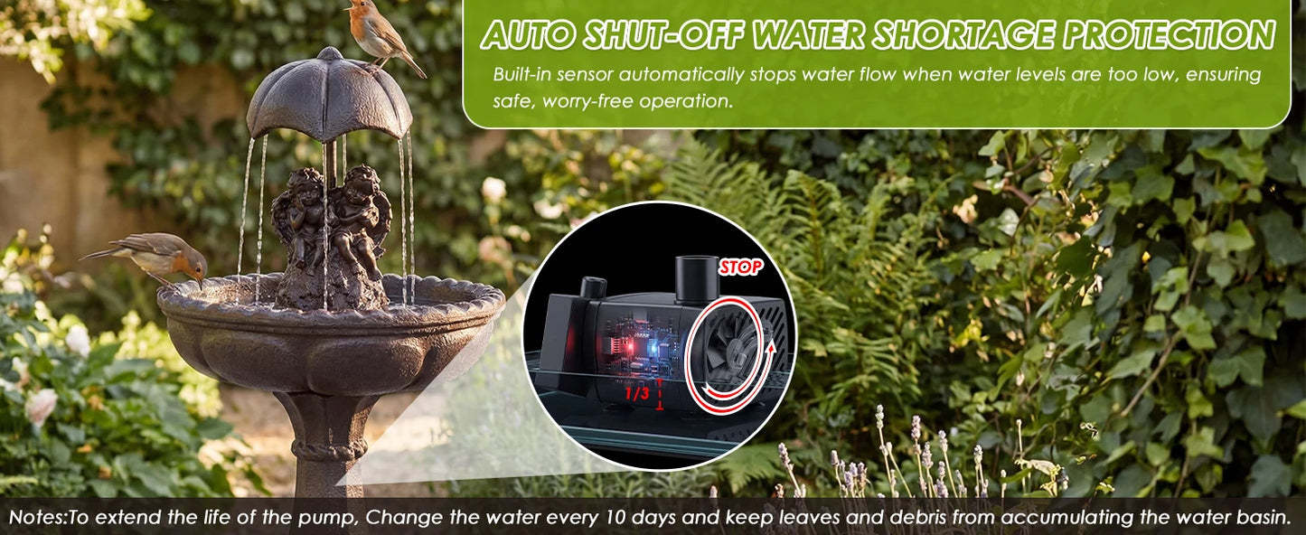 Solar Outdoor Water Fountain With Whisper Quiet Pump Cascading Waterfall
