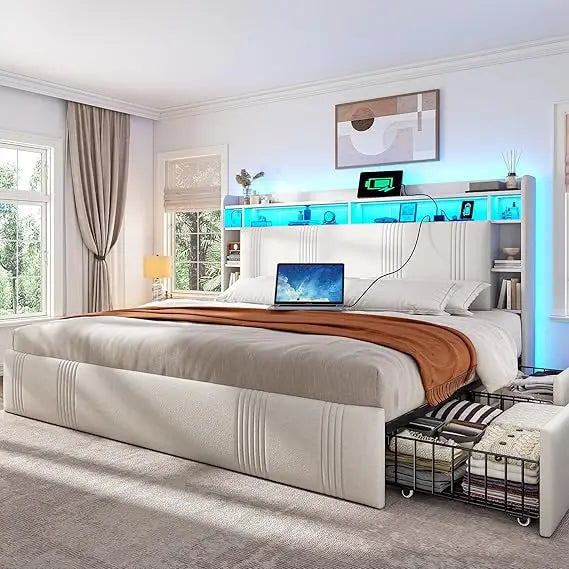 EnHomee Upholstered Bed Frame With Four Storage Drawers